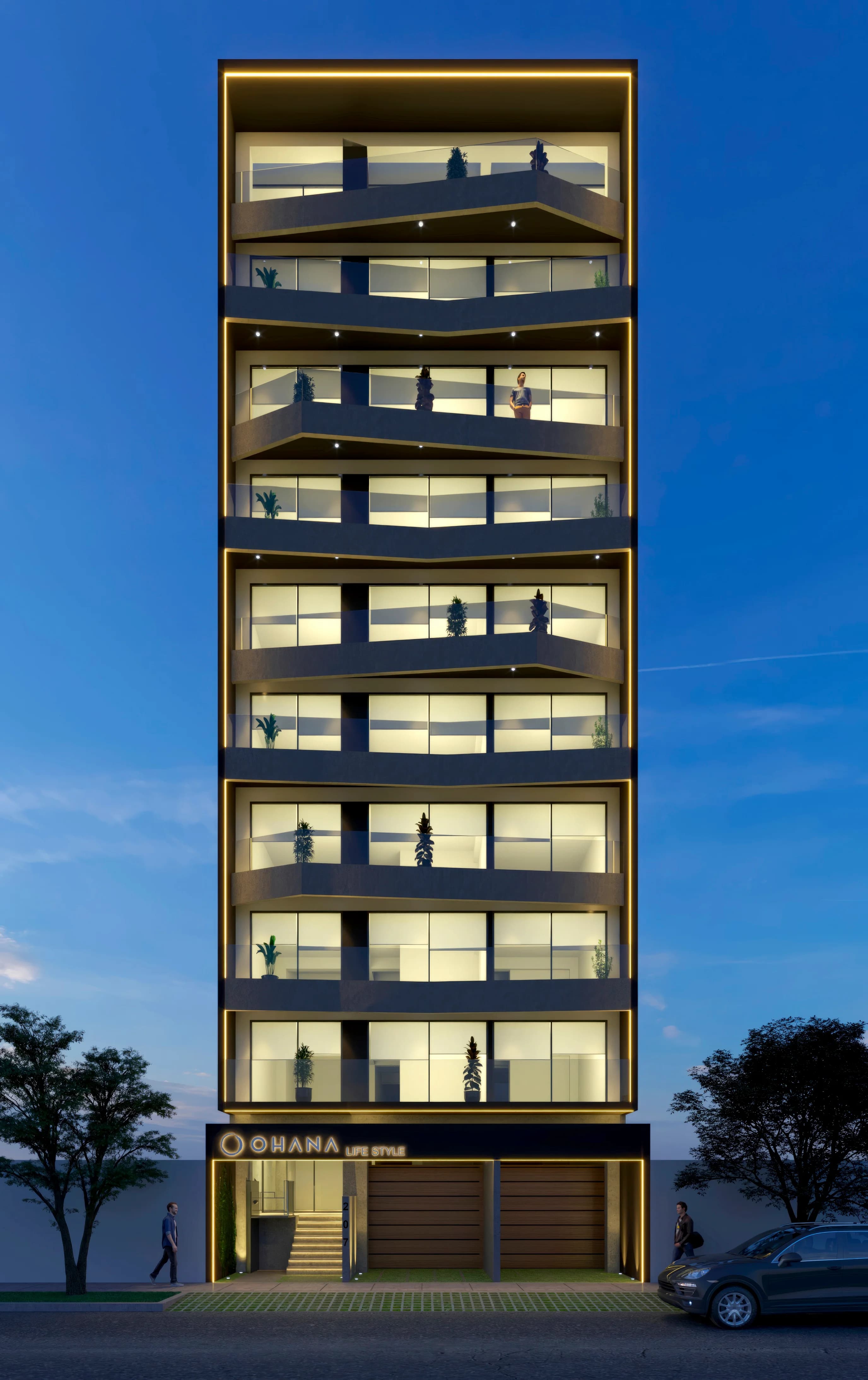 Fachada frontal con detalles arquitectónicos